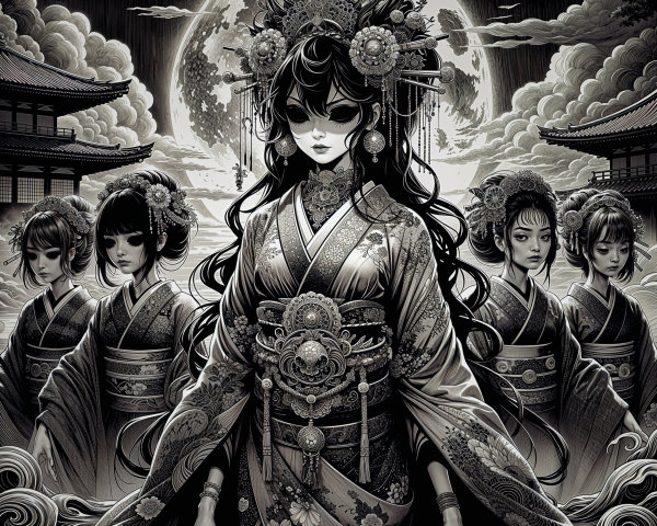 Monochromatic Scene of Kimono Figure and Ethereal Beings