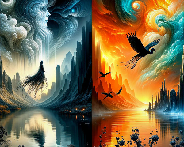 Contrasting Split Landscape with Ethereal and Fiery Themes