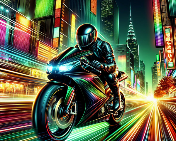 Futuristic Motorcyclist in Neon-Lit Cityscape