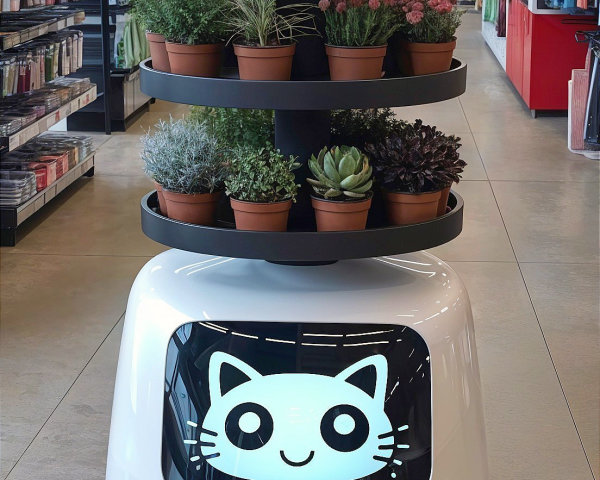 Robot with Cat Face Display in Plant Store