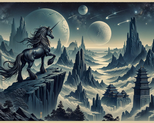 Majestic black unicorn in a surreal landscape setting