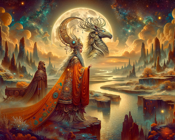 Surreal Landscape with Majestic Figure and Mythical Creature