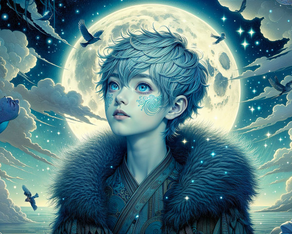 Ethereal Scene of a Figure Under a Glowing Moon