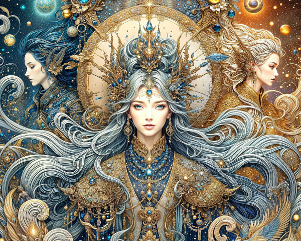 Three Ethereal Figures in Ornate Cosmic Attire