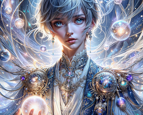 Youthful figure with blue eyes and silver hair in ornate outfit