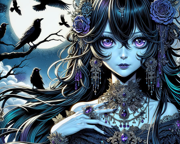 Mystical figure with black hair and purple eyes in night sky