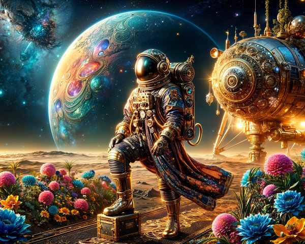 Astronaut on Rocky Terrain in Cosmic Landscape