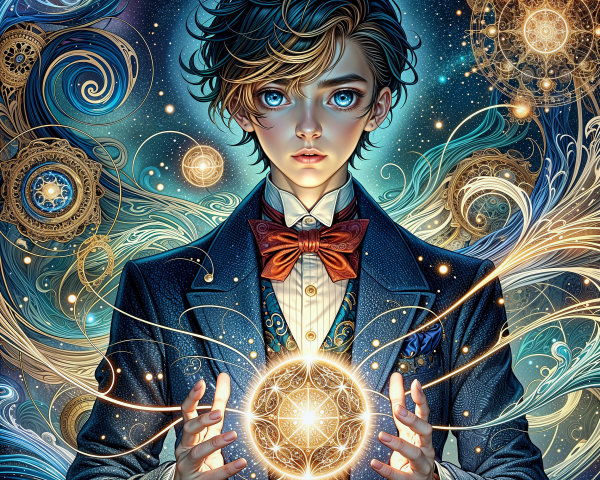 Young boy with blue eyes holding glowing orb in cosmos