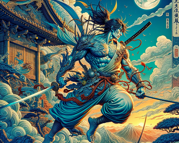Fierce Warrior in Vibrant Landscape with Full Moon