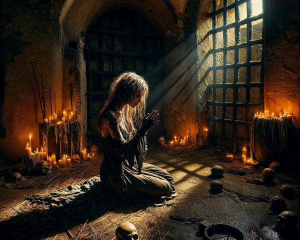 Solitary Figure Praying in a Dimly Lit Dungeon