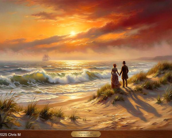 Couple Watching Sunset Over Sea in Romantic Oil Painting