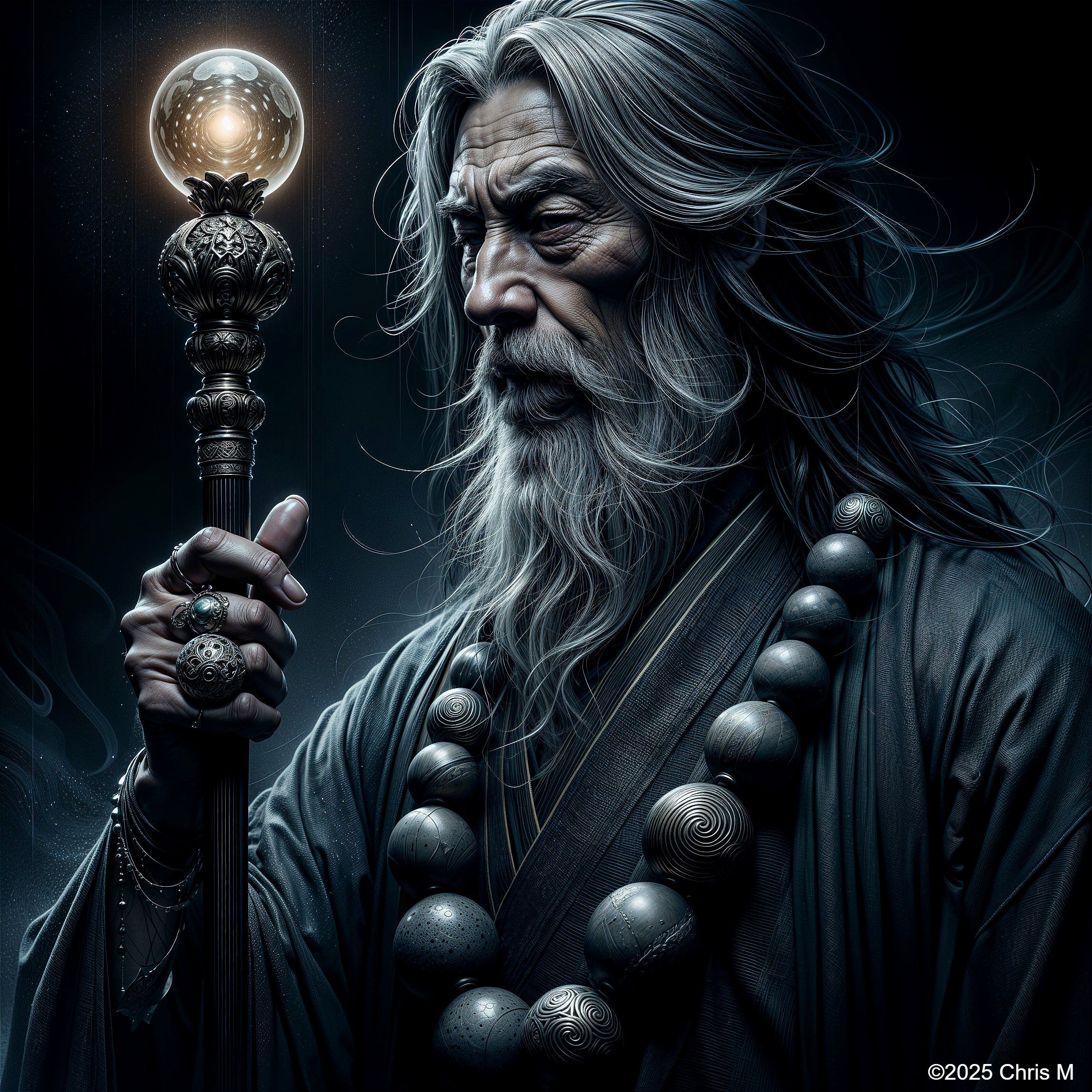 Elderly man with gray hair and glowing orb staff