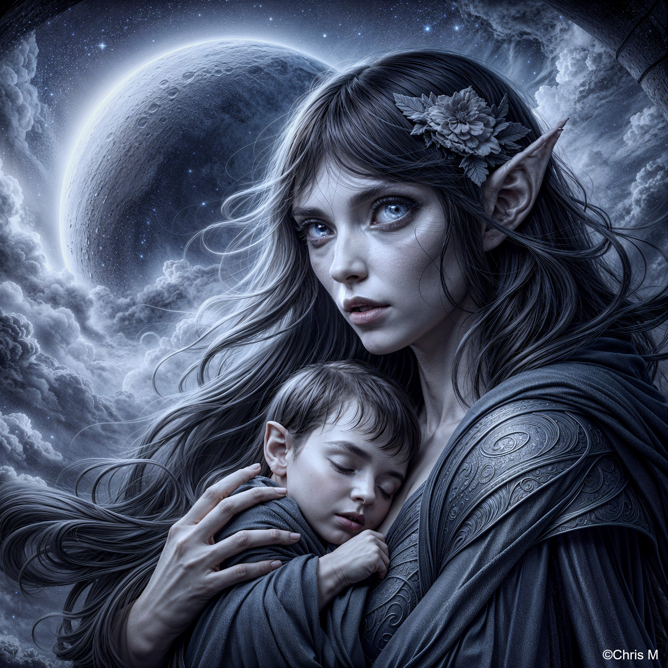 Mystical Elven Woman Cradling a Sleeping Child