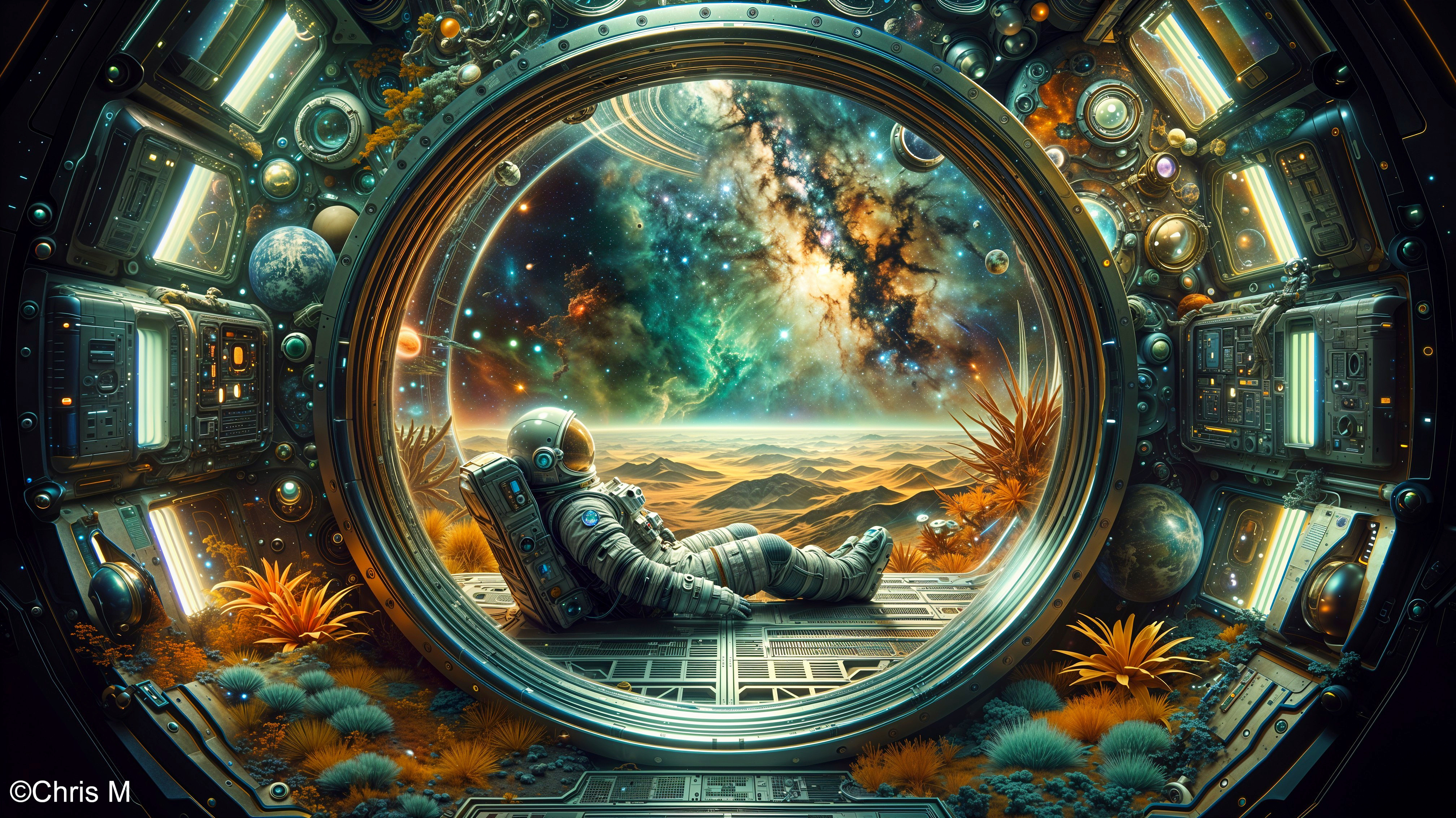 Astronaut in Space Station Observing Cosmic Landscape