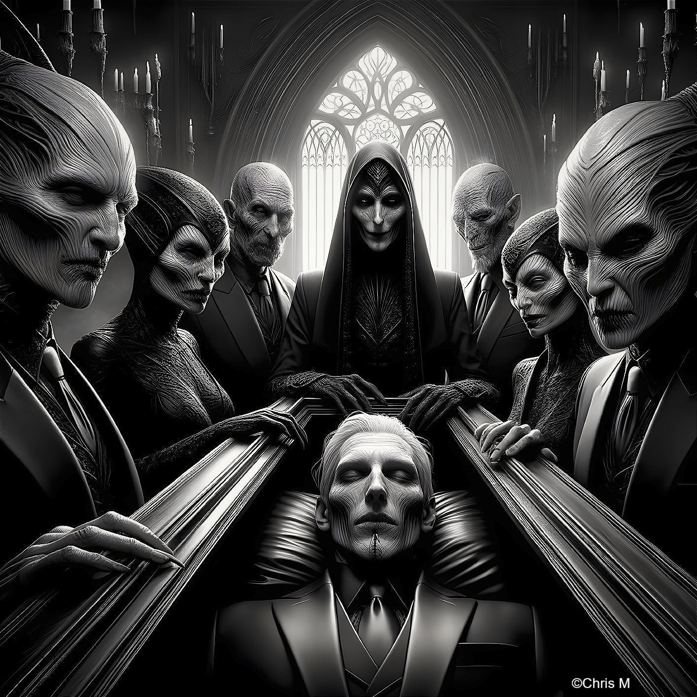 Humanoid Figures in Black Suits Surrounding a Coffin