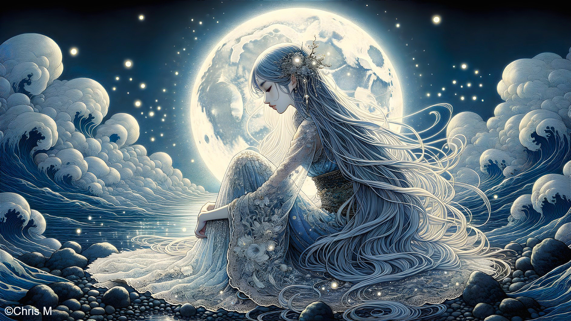 Serene Figure by Ocean Under Full Moon and Stars
