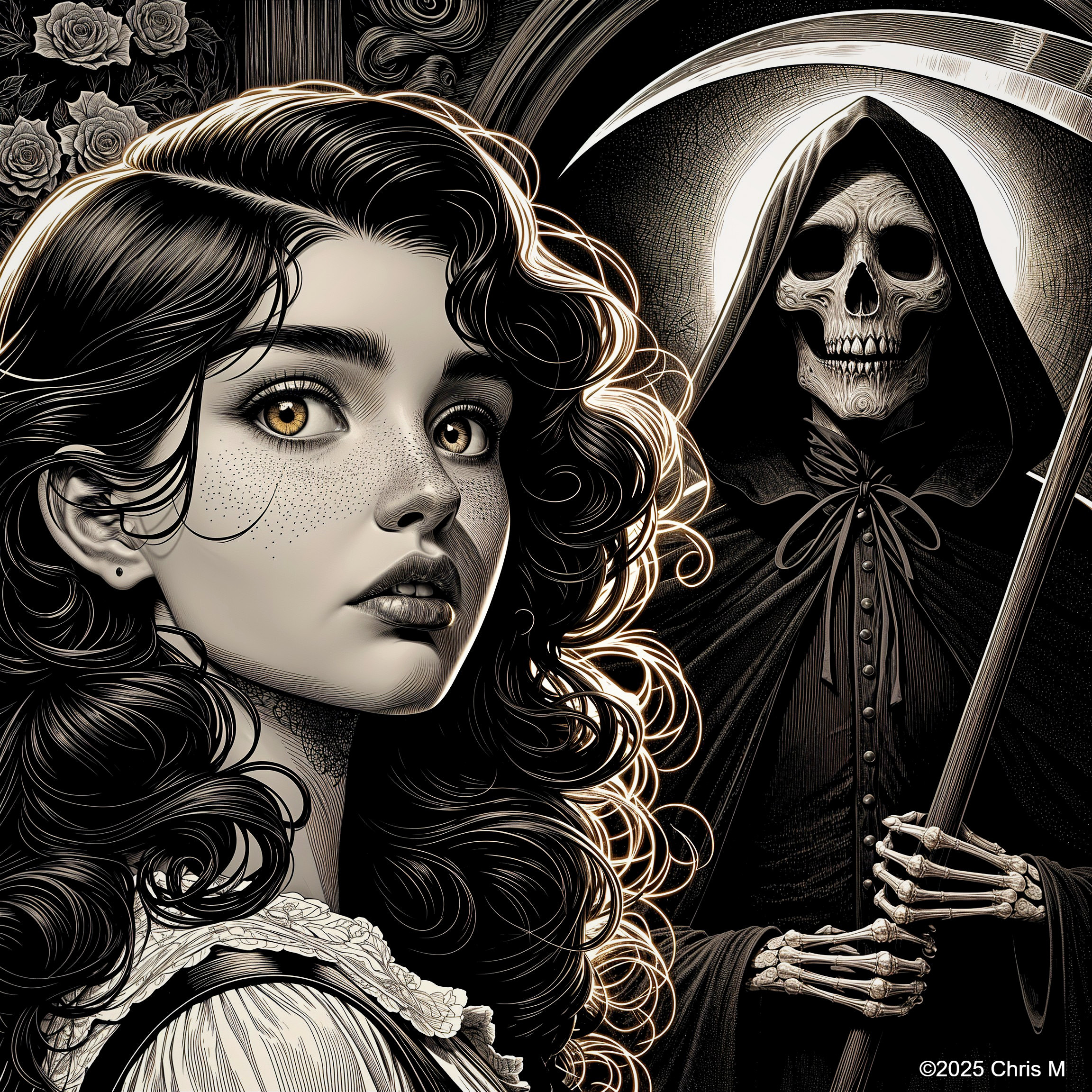 Contrast of a Young Woman and a Skeletal Figure