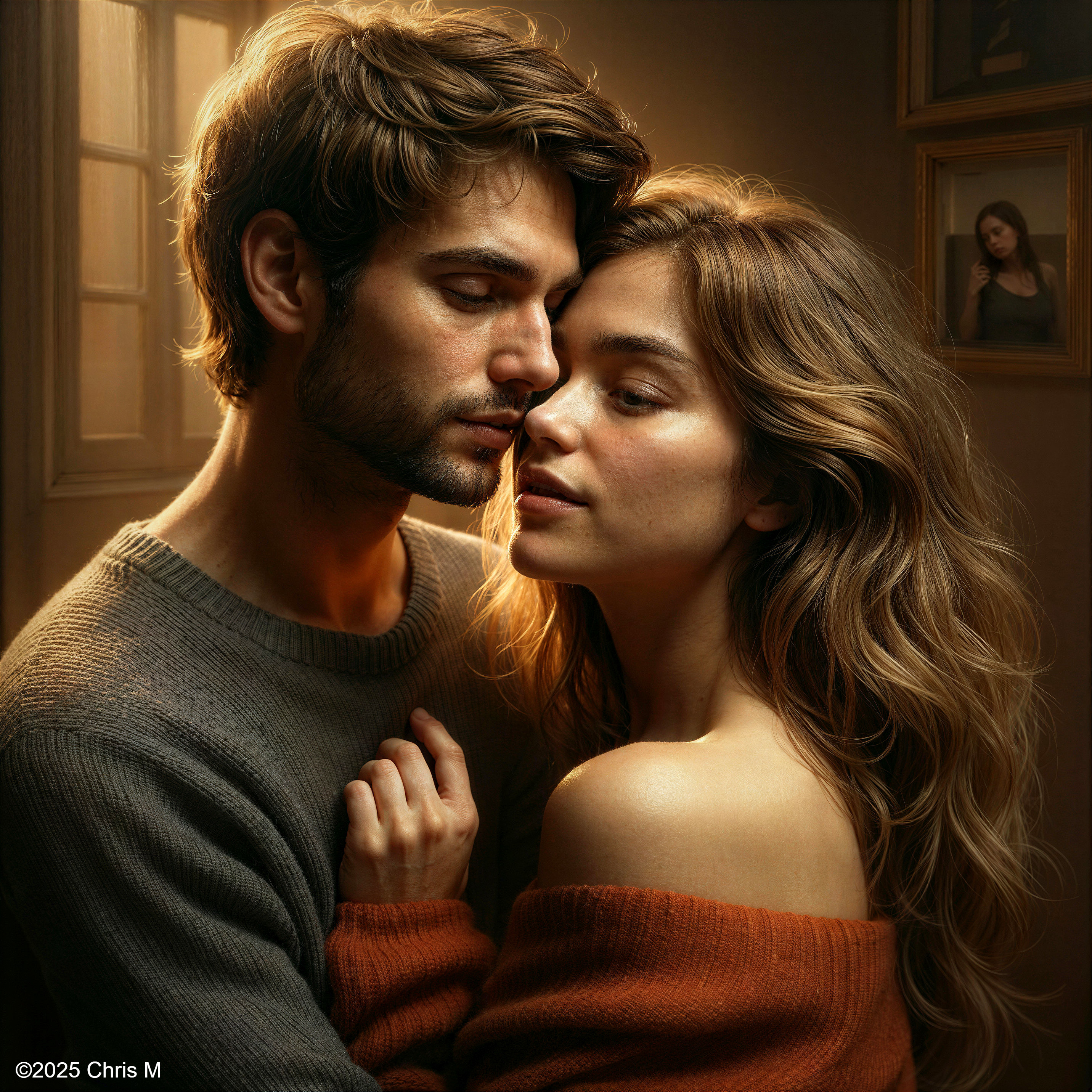 Warm Embrace in Soft Golden Light with Nostalgic Background