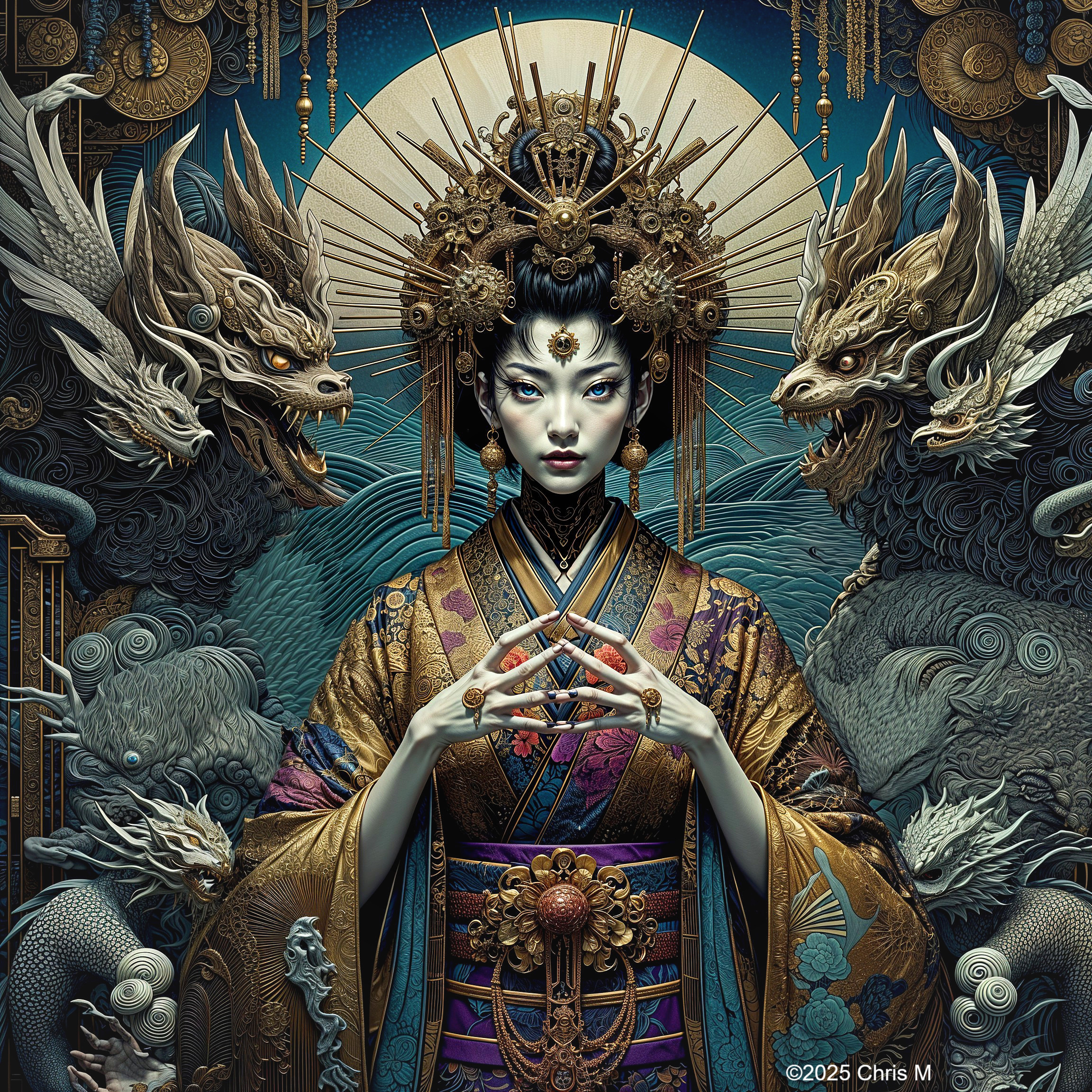 Regal Figure in Ornate Kimono Surrounded by Dragons