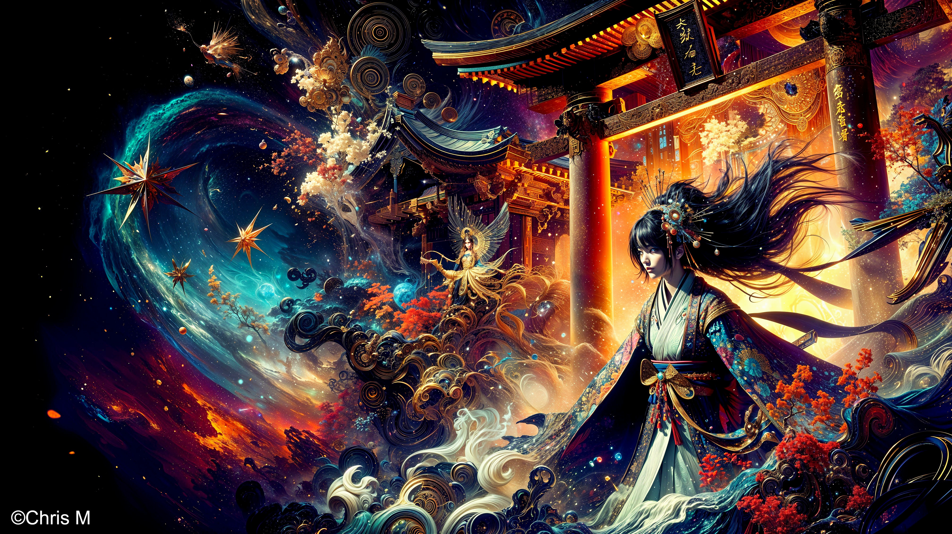 Fantasy Scene with Serene Figure and Pagoda