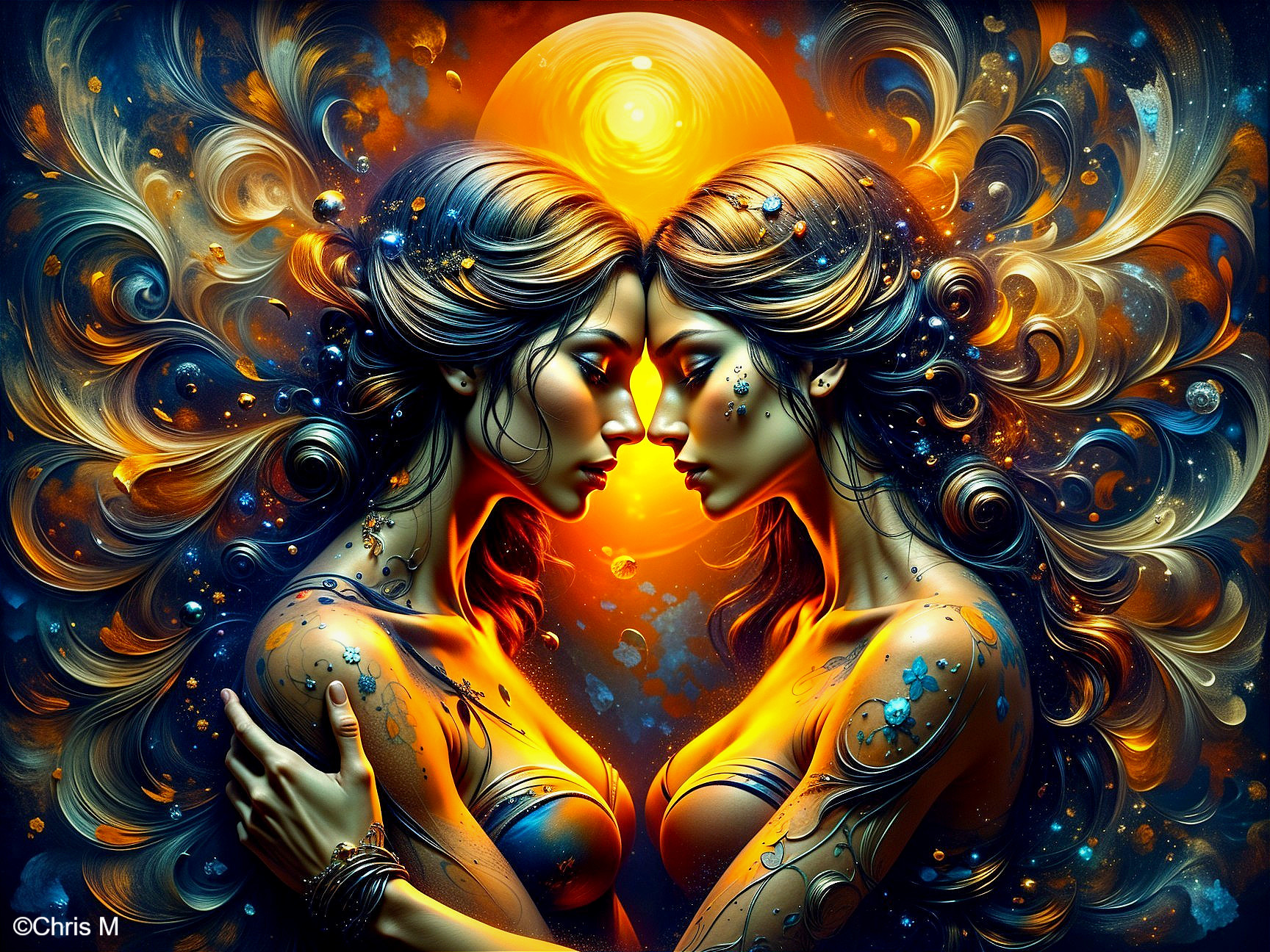 Ethereal Women with Vibrant Patterns and Sun Glow