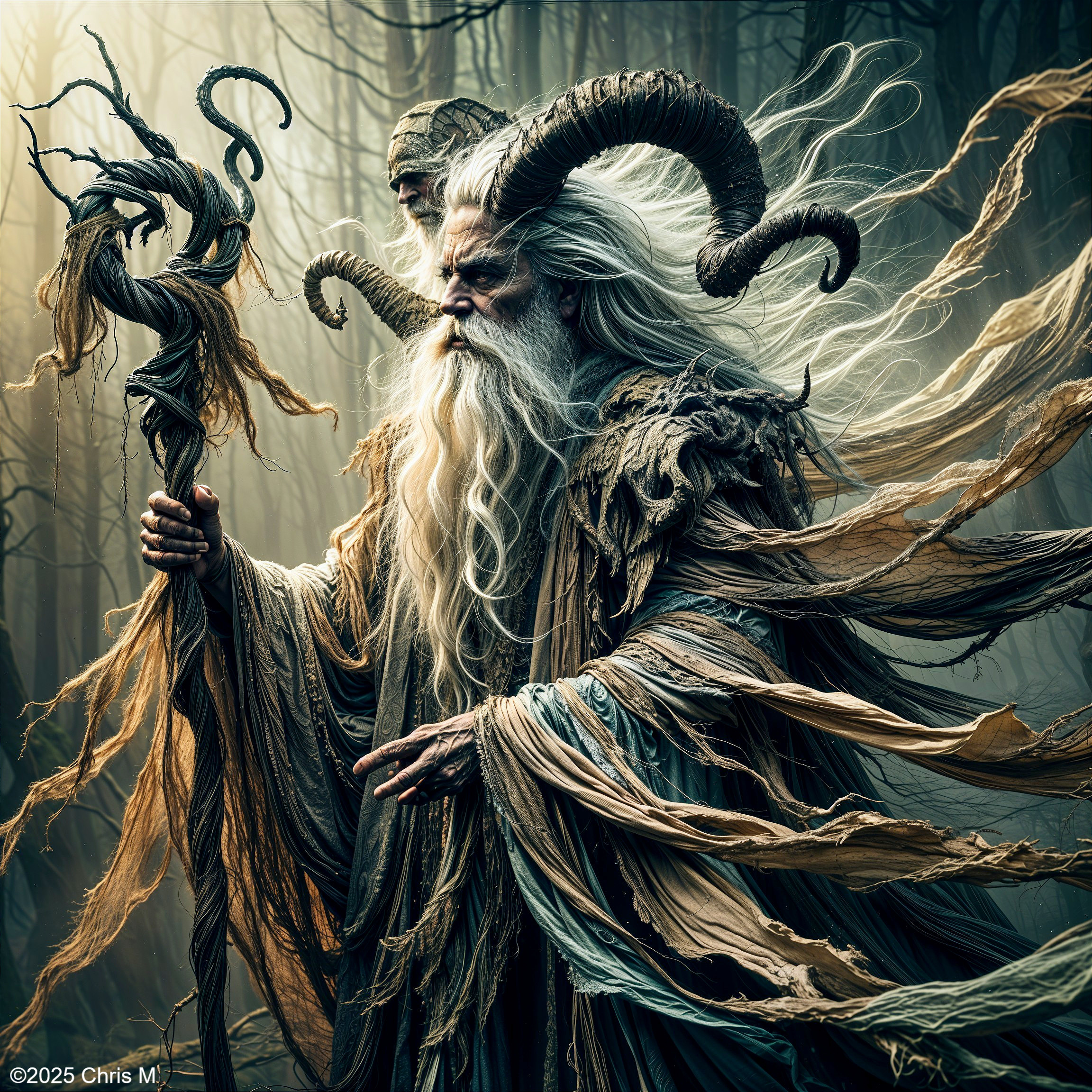 Ancient figure in mystical forest with flowing robes