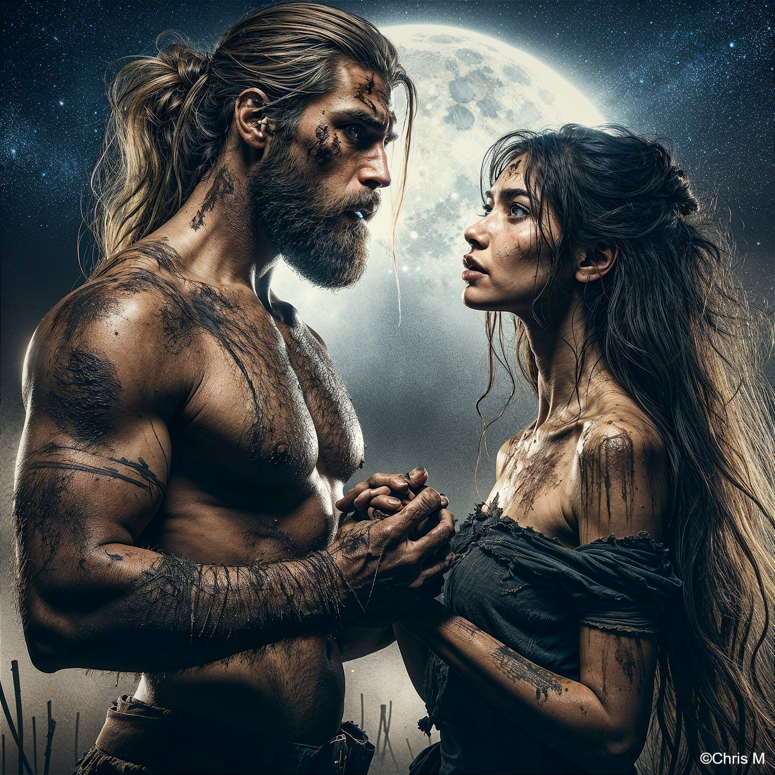Rugged Couple Under Full Moon with Intense Emotions