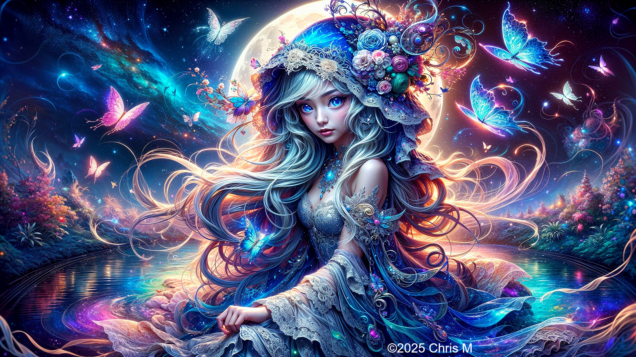 Mystical girl in floral headdress with butterflies and moon