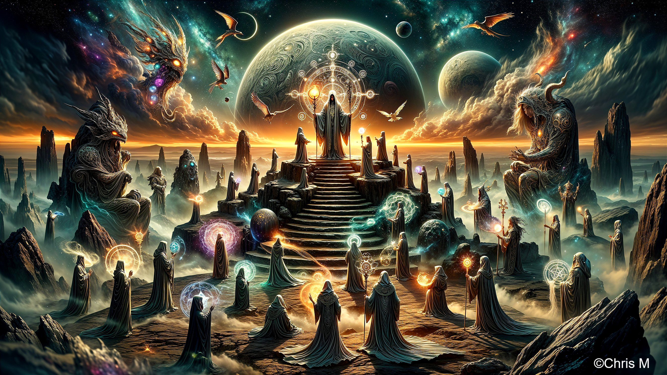 Majestic Cosmic Landscape with Mystical Figures