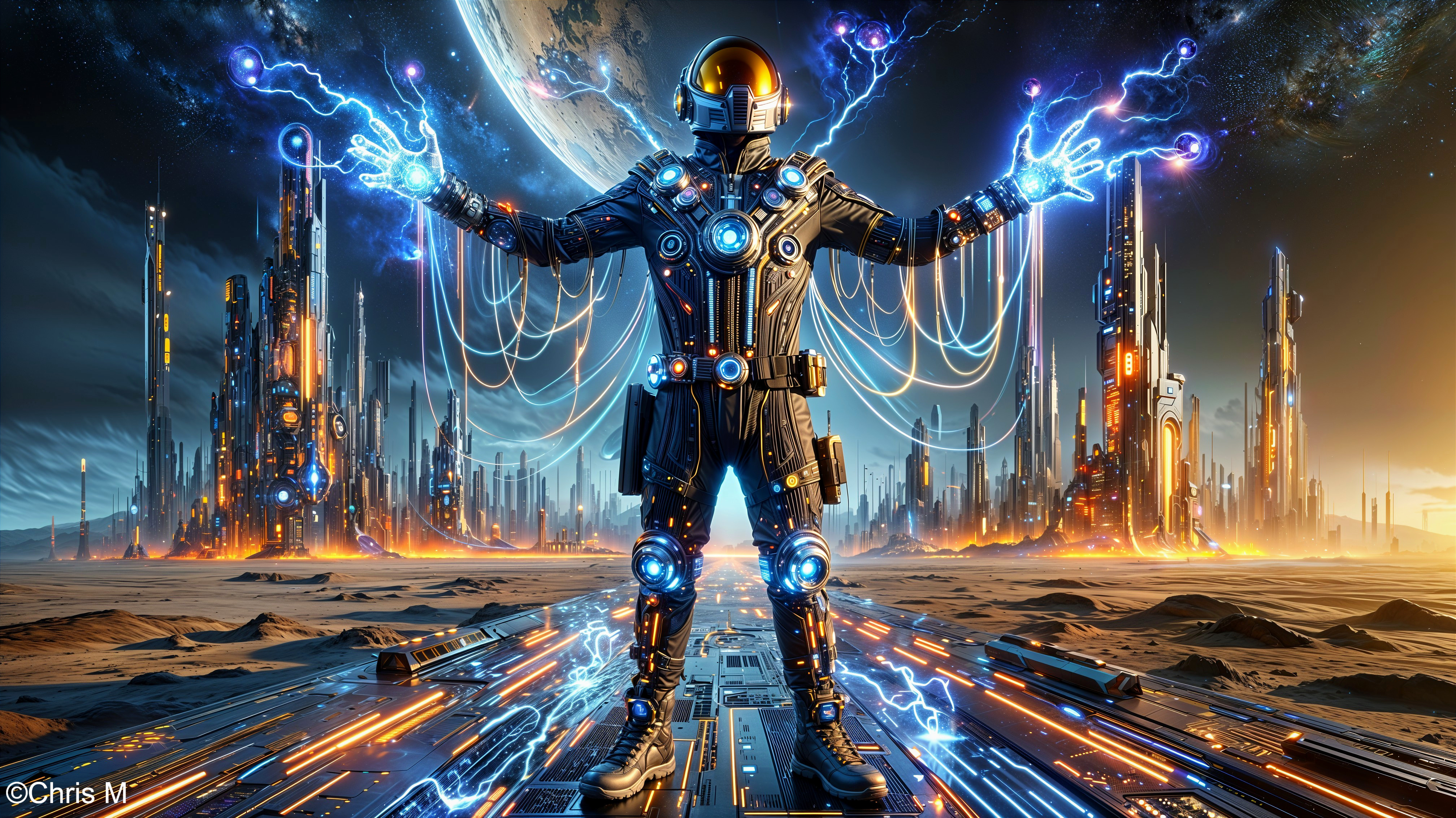 Futuristic figure on a tech pathway with alien cityscape