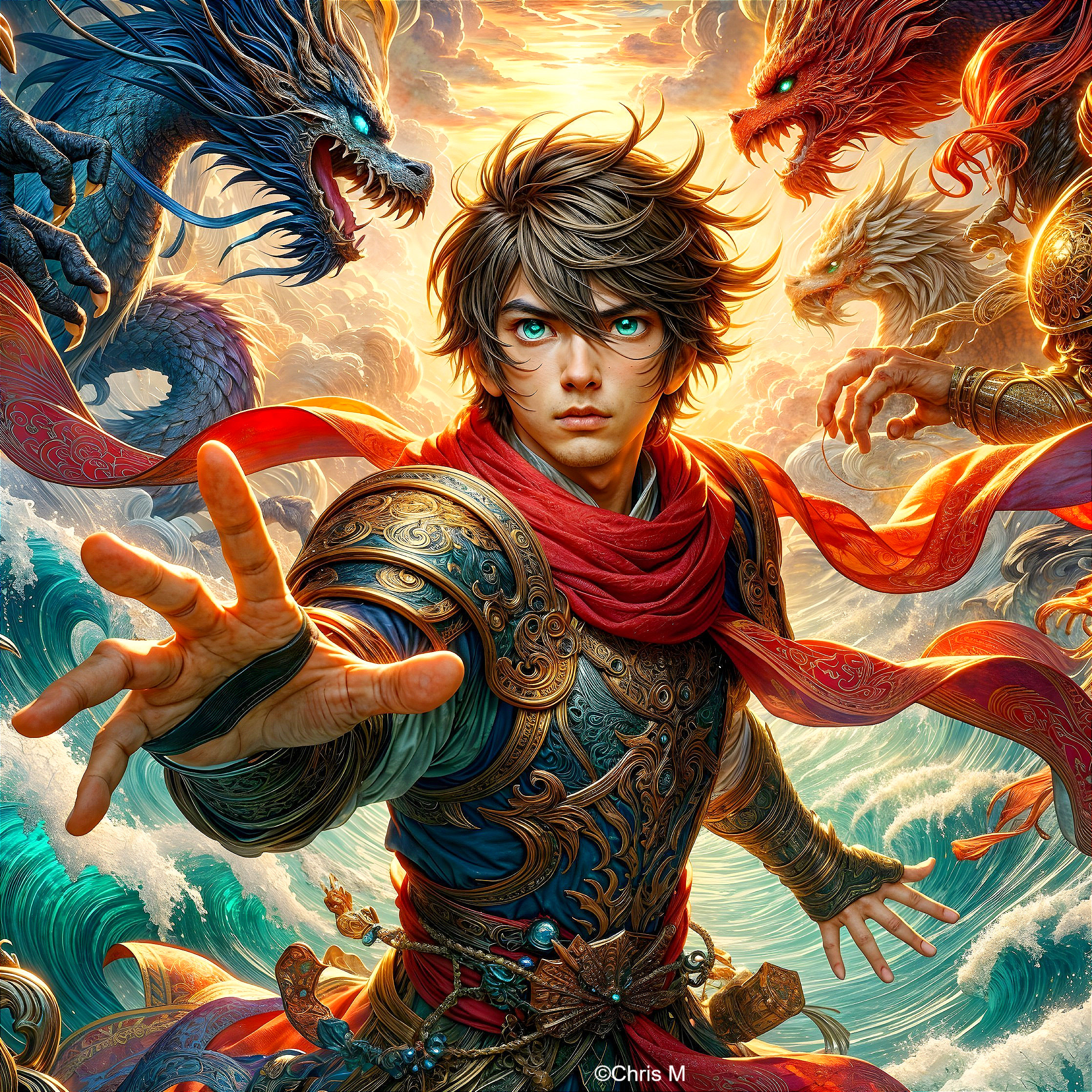 Young hero in armor with dragons in dramatic setting