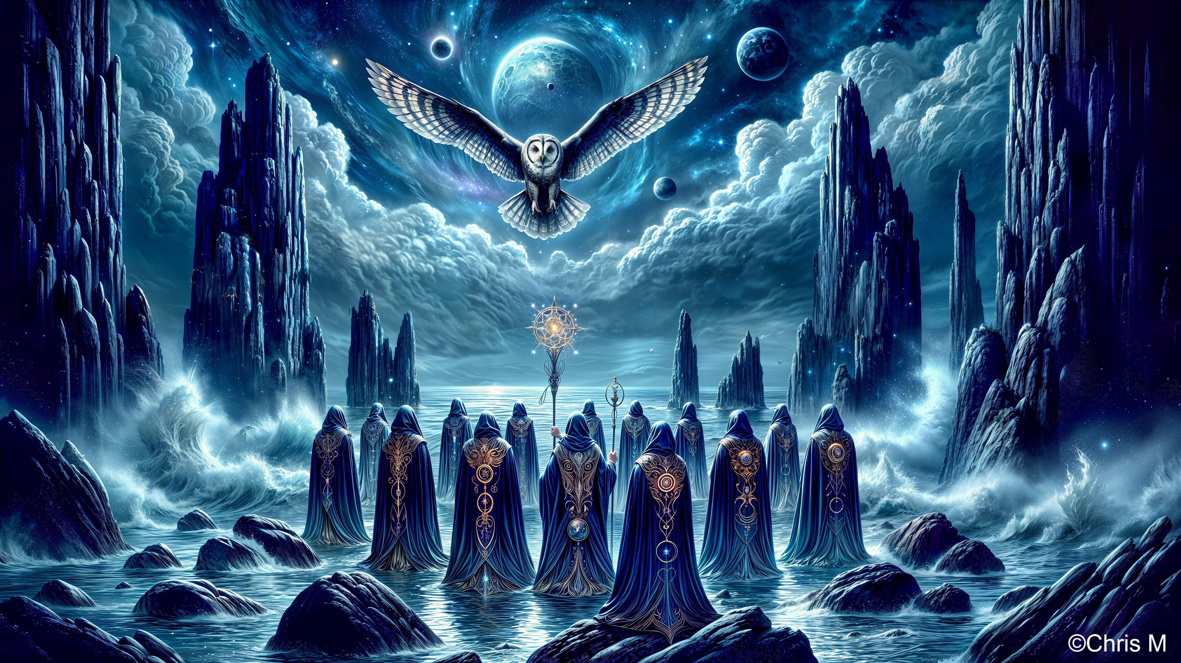 Hooded Figures in Blue Robes in Mystical Landscape