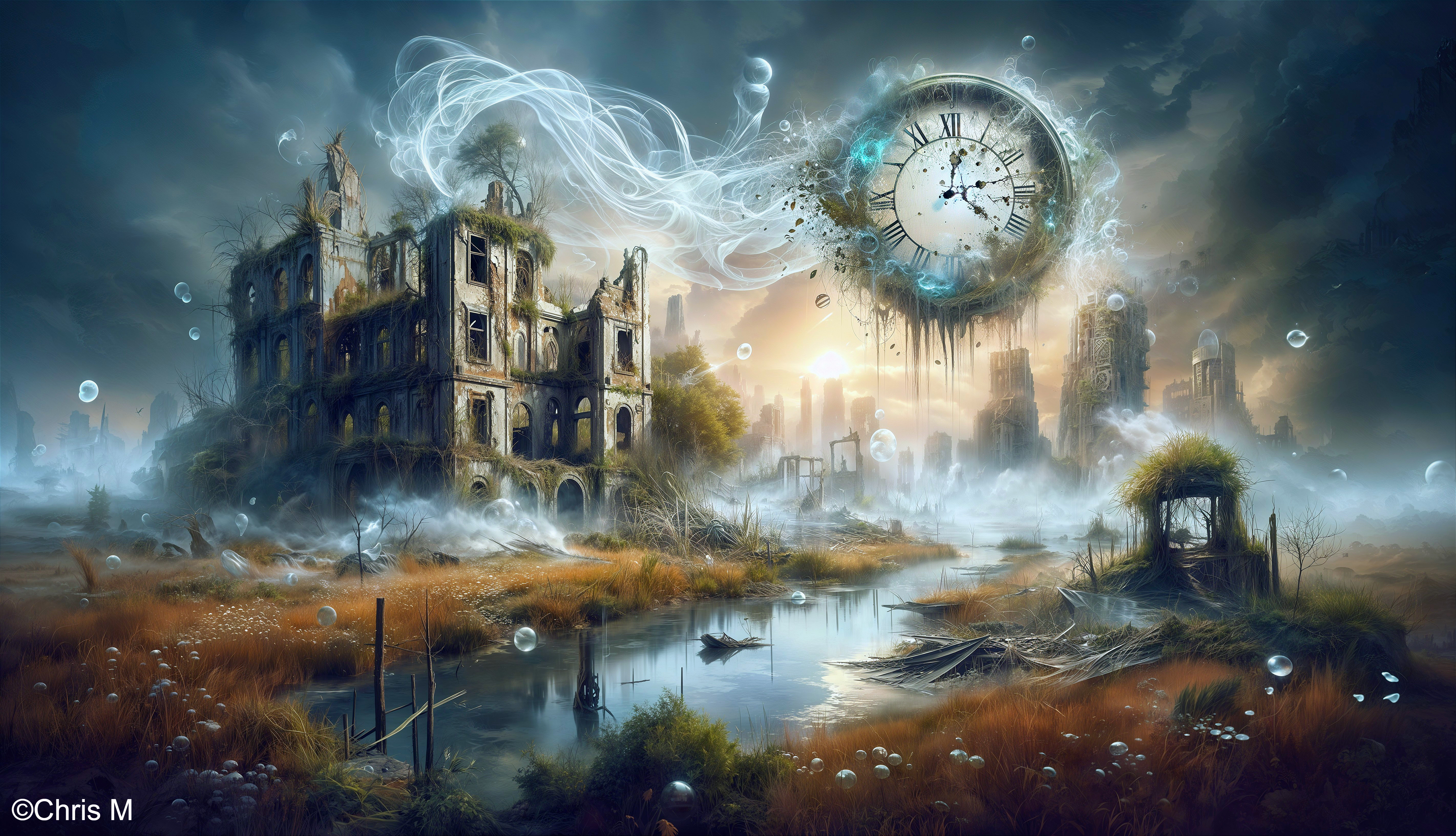 Post-Apocalyptic Landscape with Ruins and Clock Elements