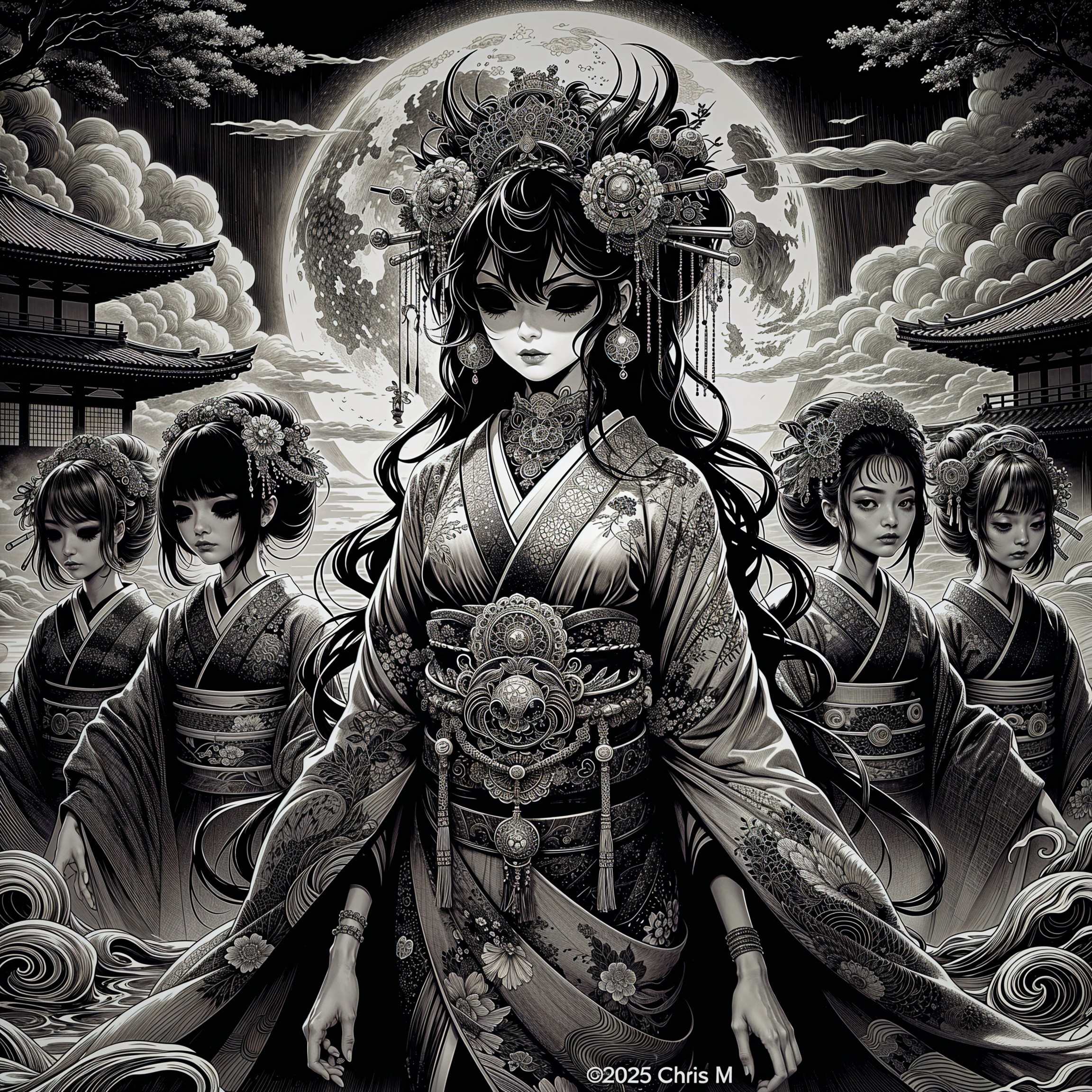 Monochromatic Scene of Kimono Figure and Ethereal Beings