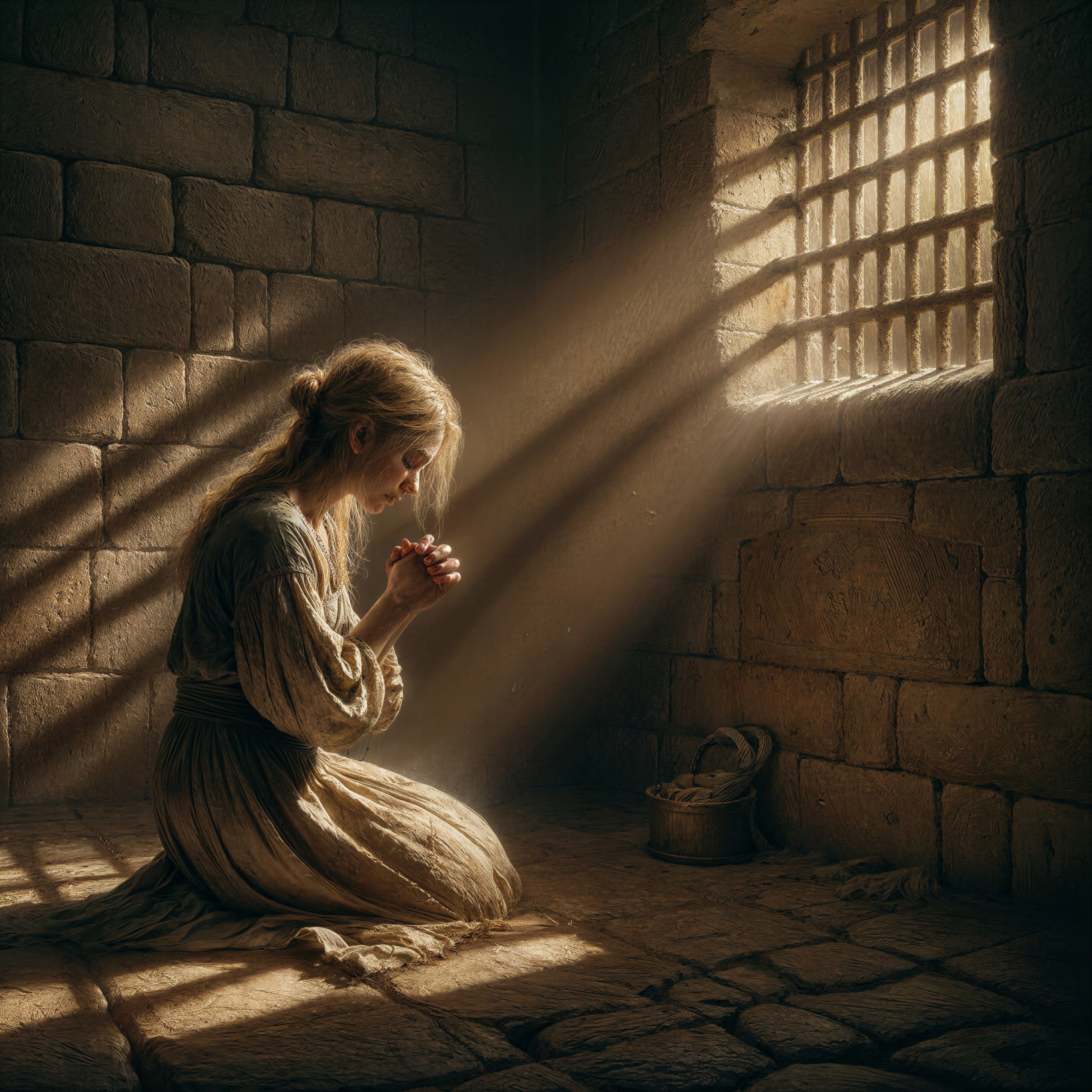 Young woman praying in a dimly lit stone cell