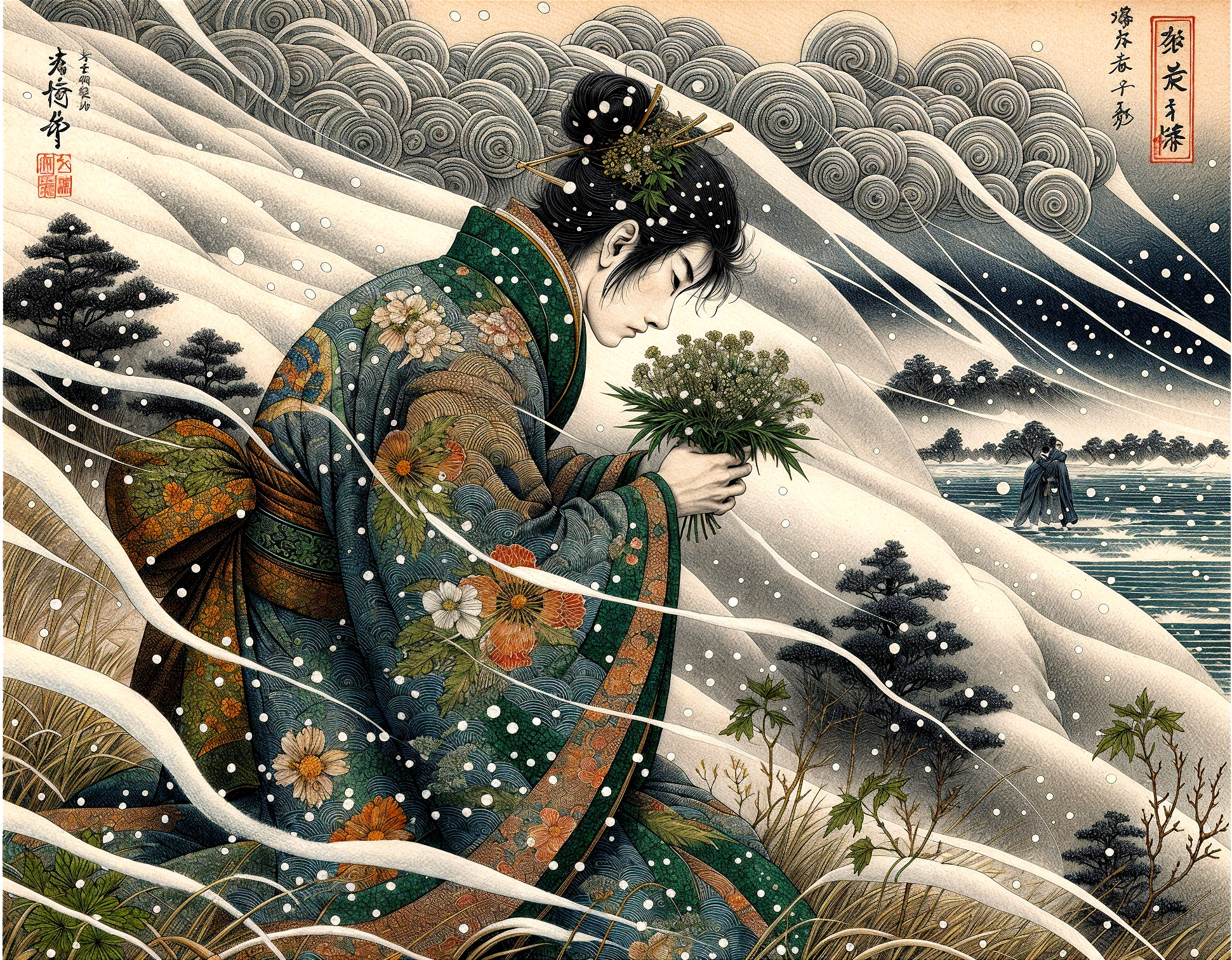 Woman in Kimono in Snowy Landscape with Flowers