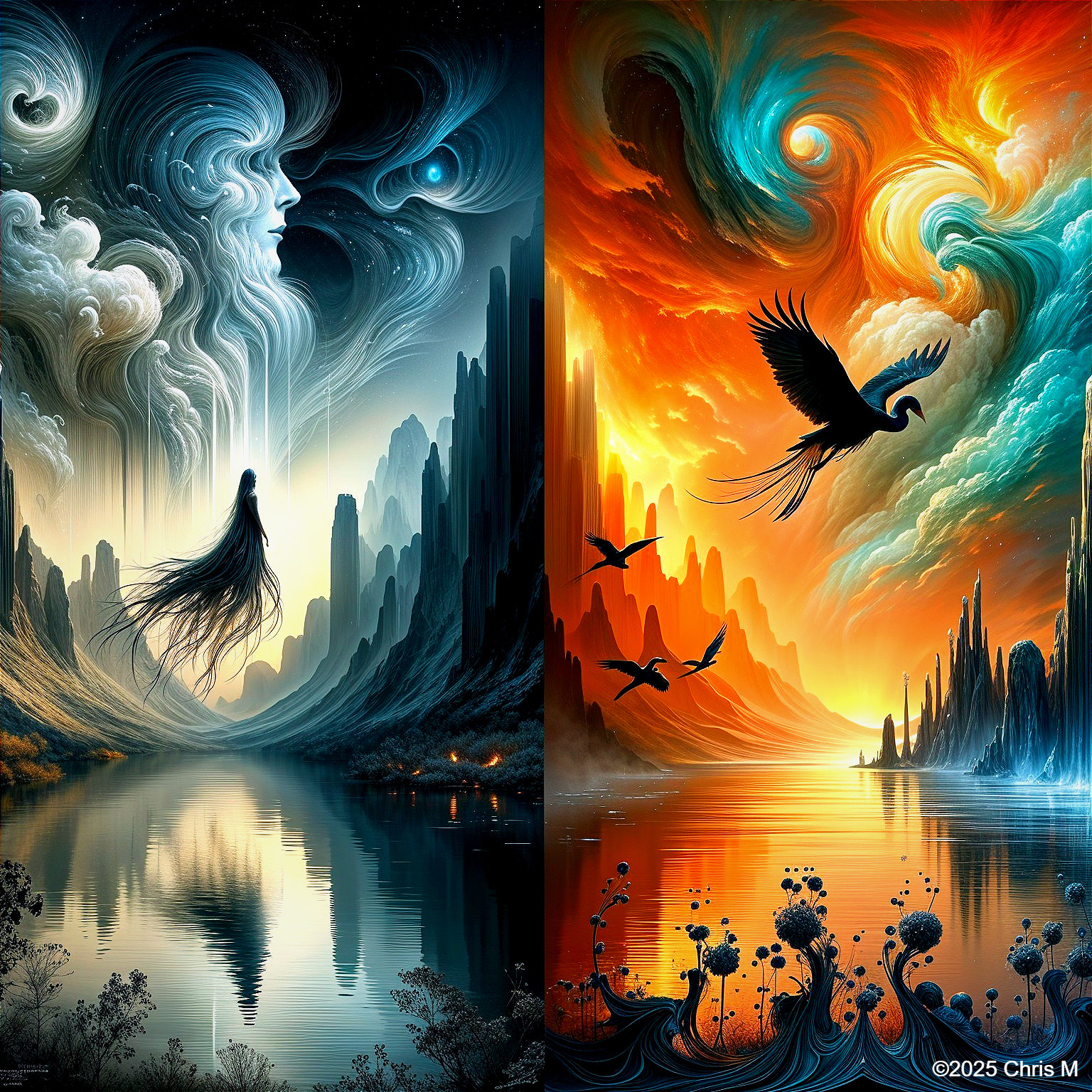 Contrasting Split Landscape with Ethereal and Fiery Themes