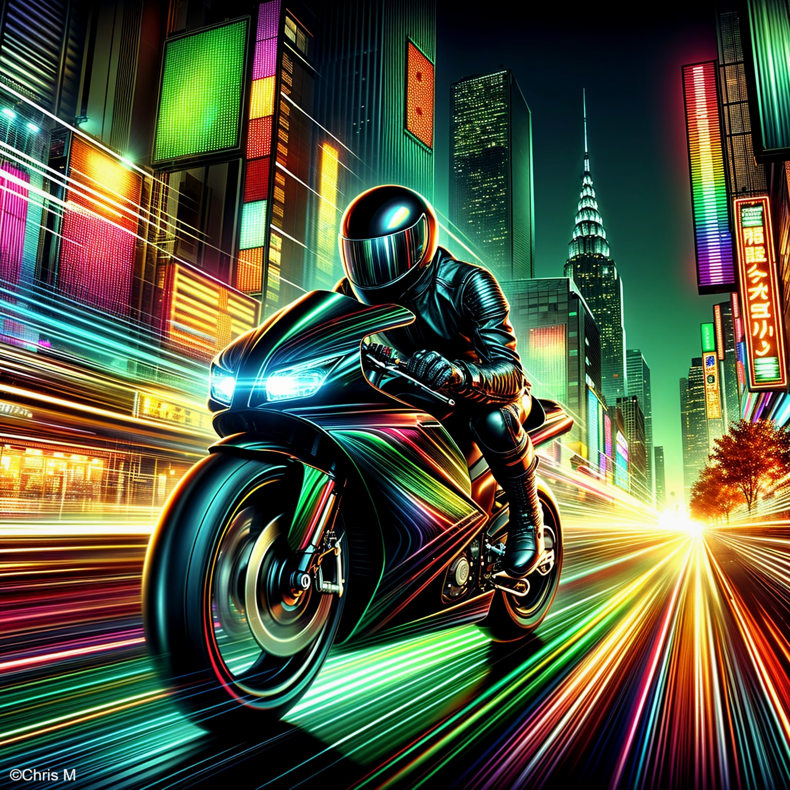 Futuristic Motorcyclist in Neon-Lit Cityscape