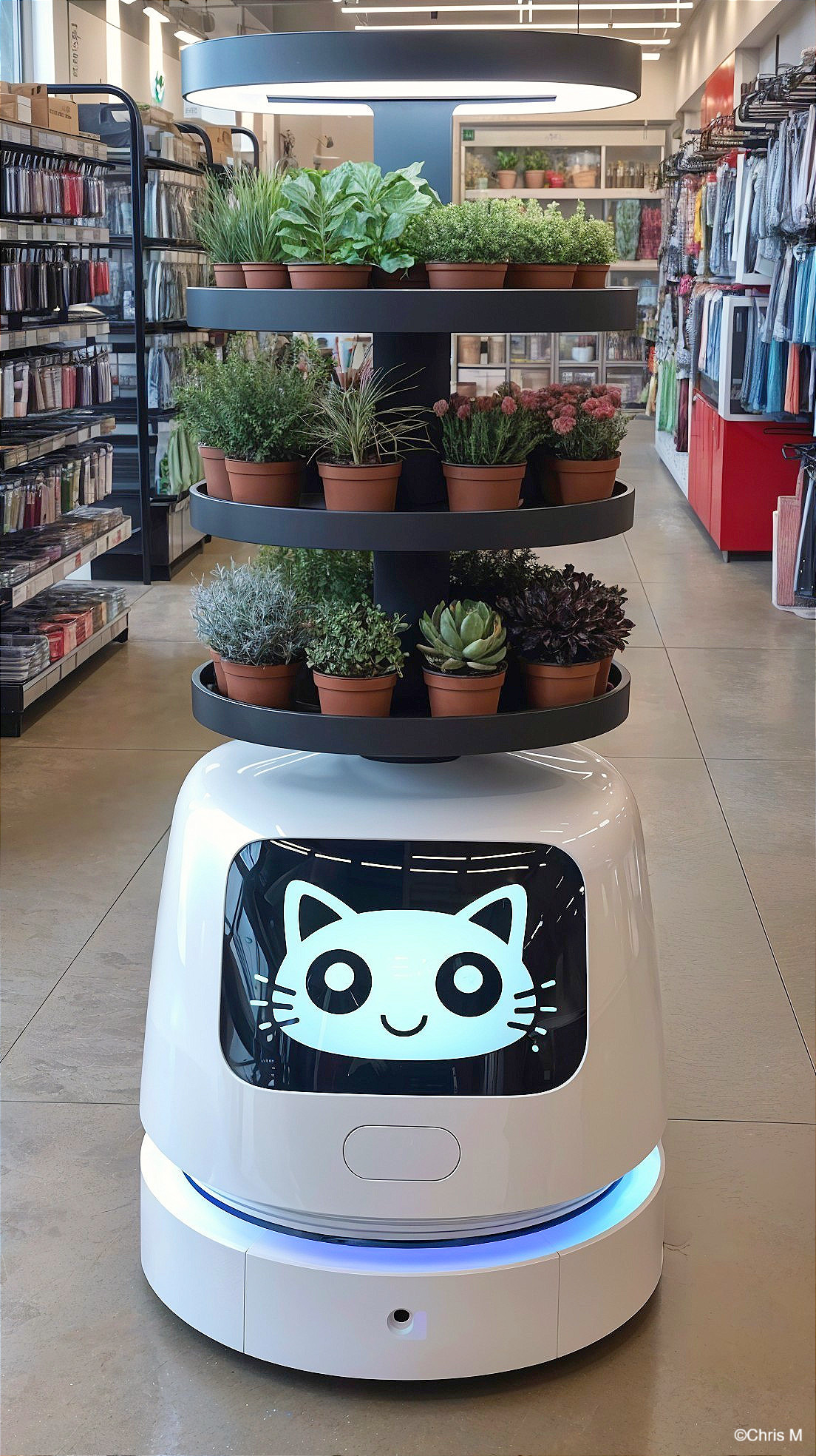 Robot with Cat Face Display in Plant Store