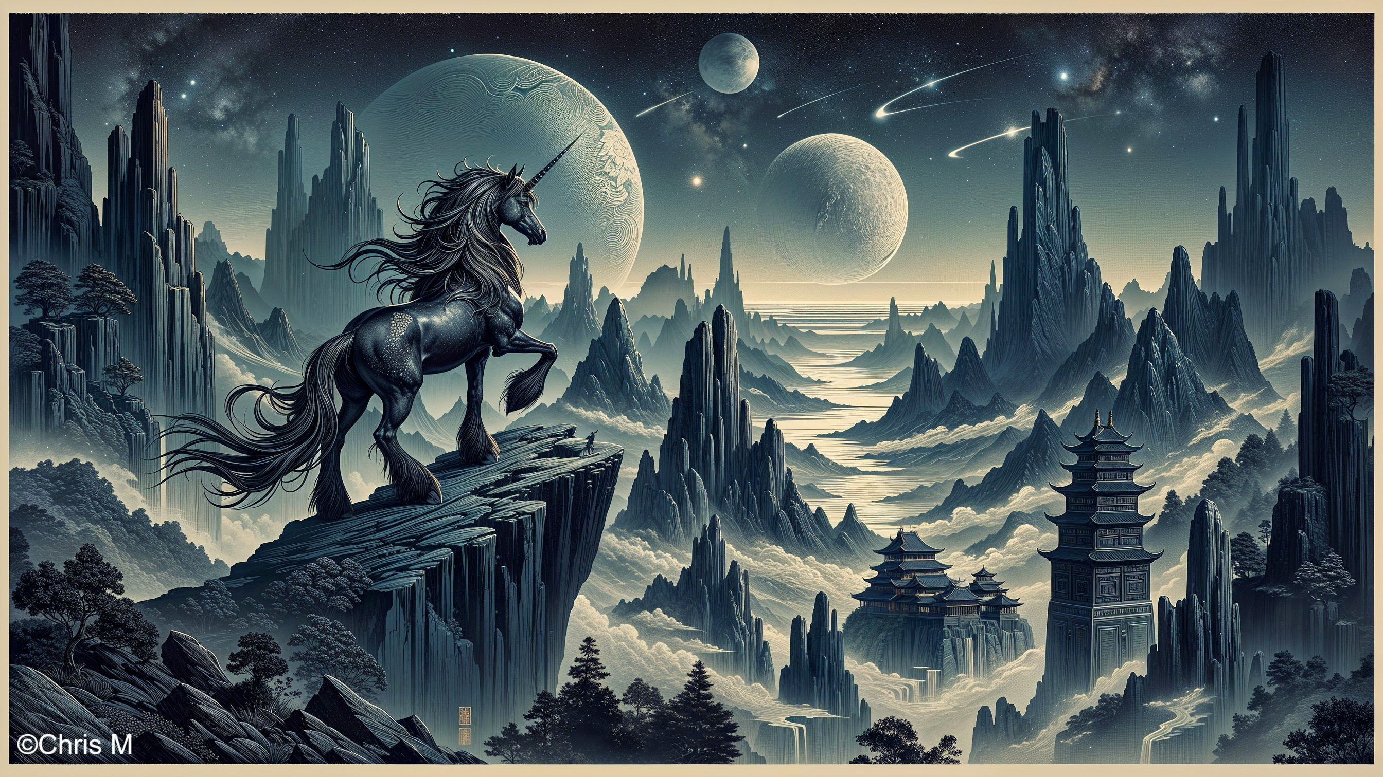 Majestic black unicorn in a surreal landscape setting