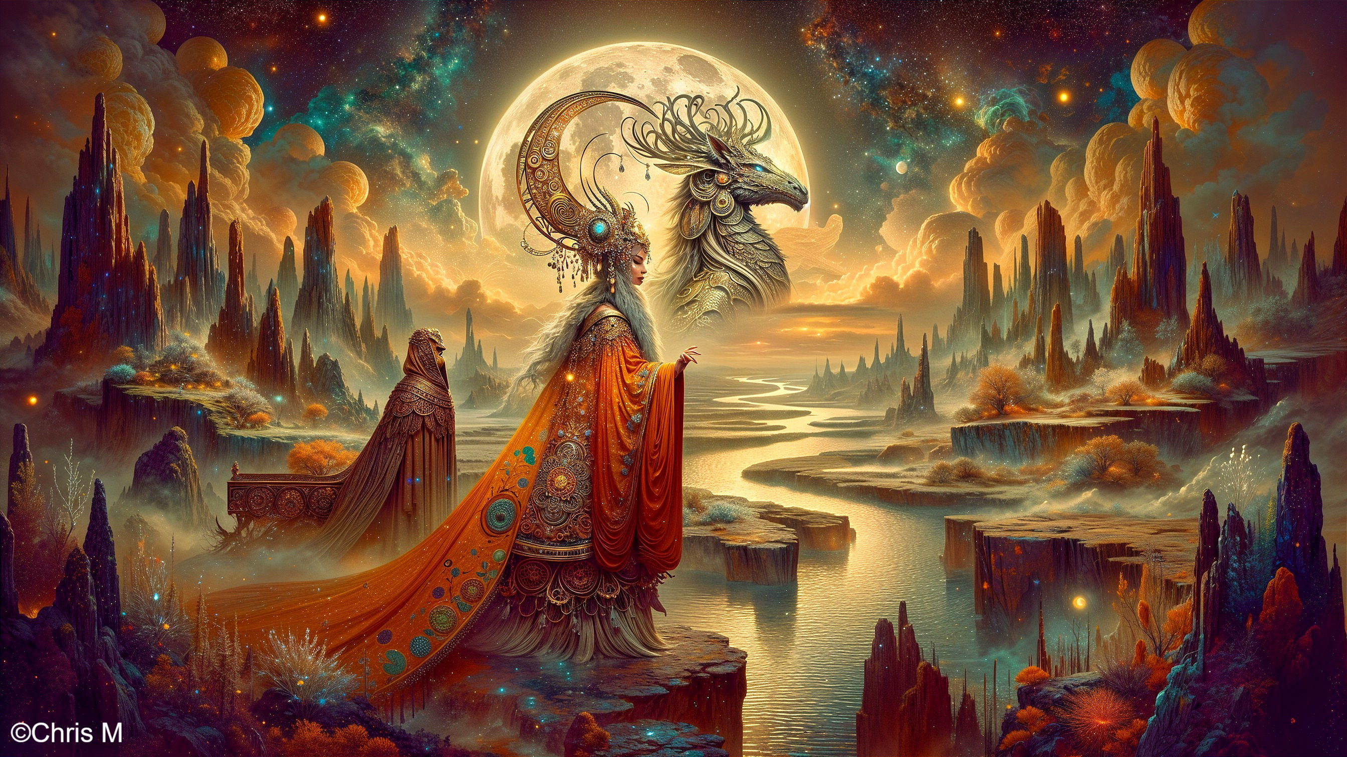 Surreal Landscape with Majestic Figure and Mythical Creature