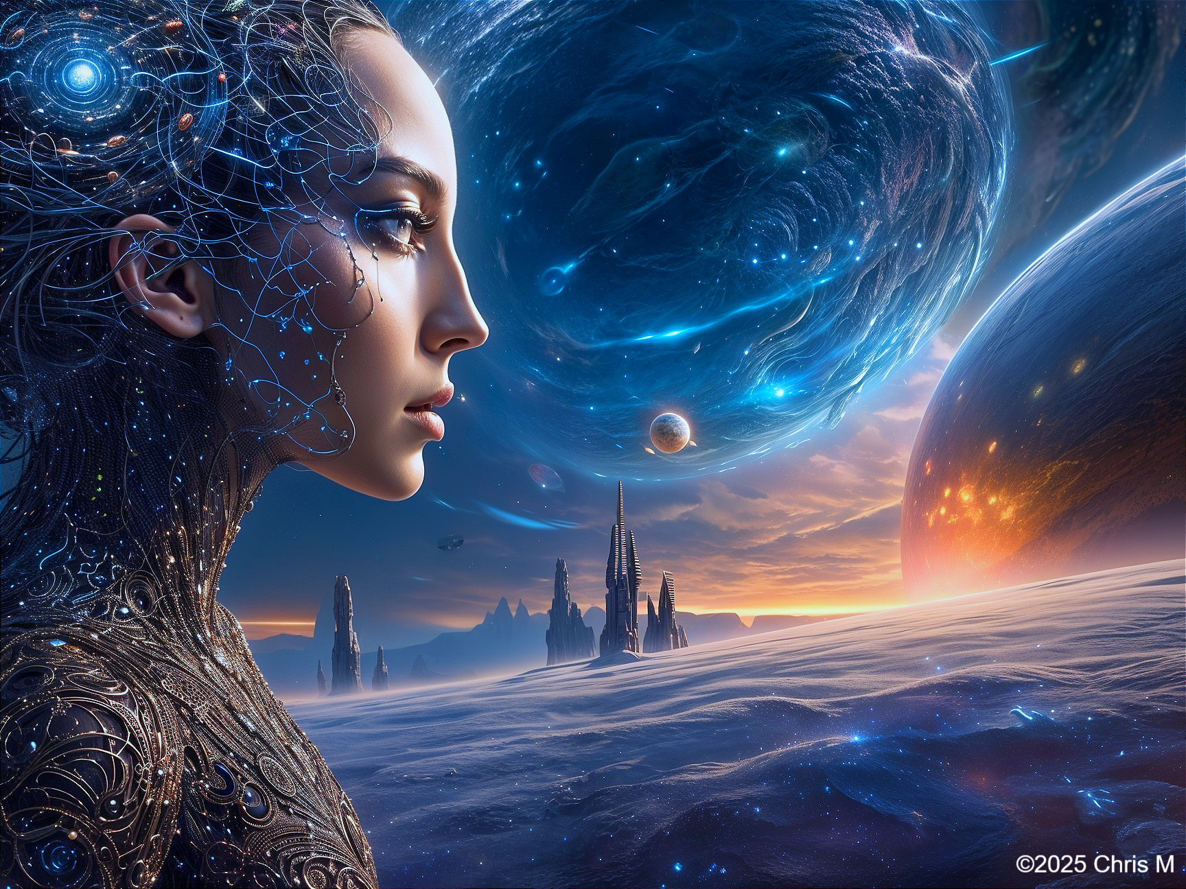 Futuristic woman with circuitry in cosmic landscape