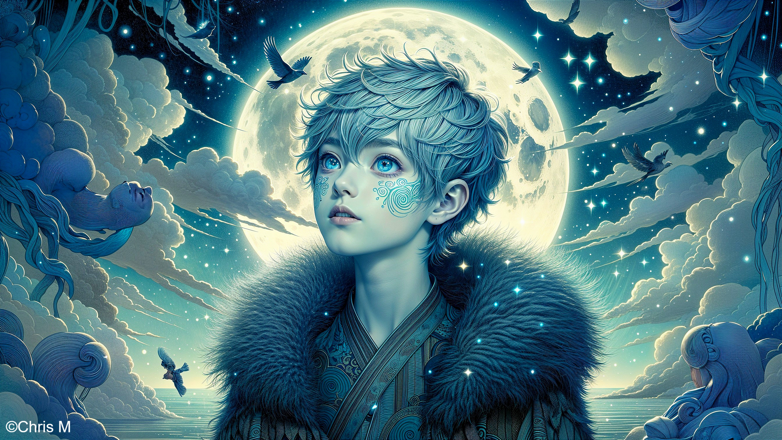 Ethereal Scene of a Figure Under a Glowing Moon