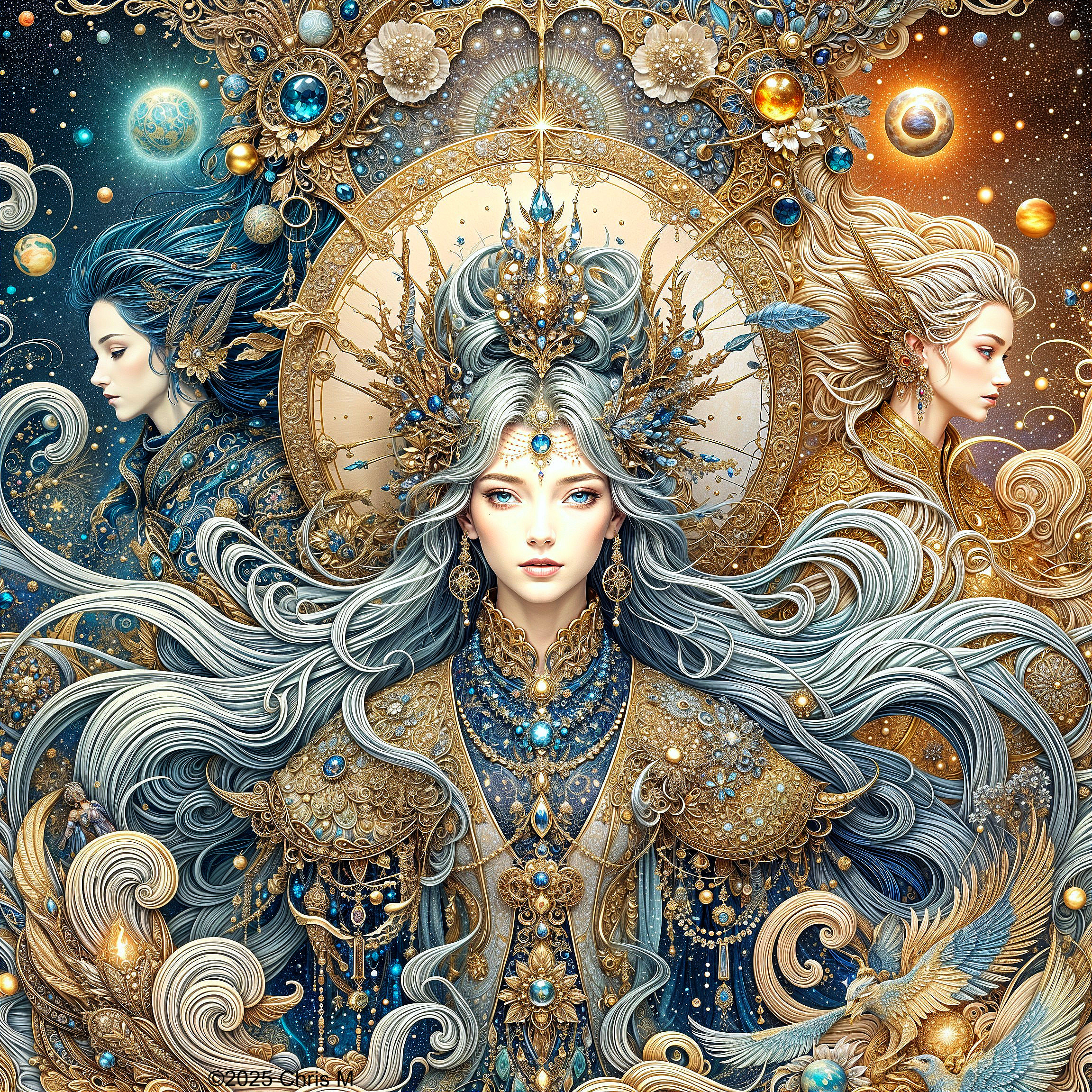Three Ethereal Figures in Ornate Cosmic Attire