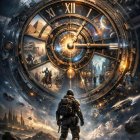 Soldier Observing Steampunk Clock Amidst Galactic Scene