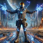 Futuristic figure on a tech pathway with alien cityscape