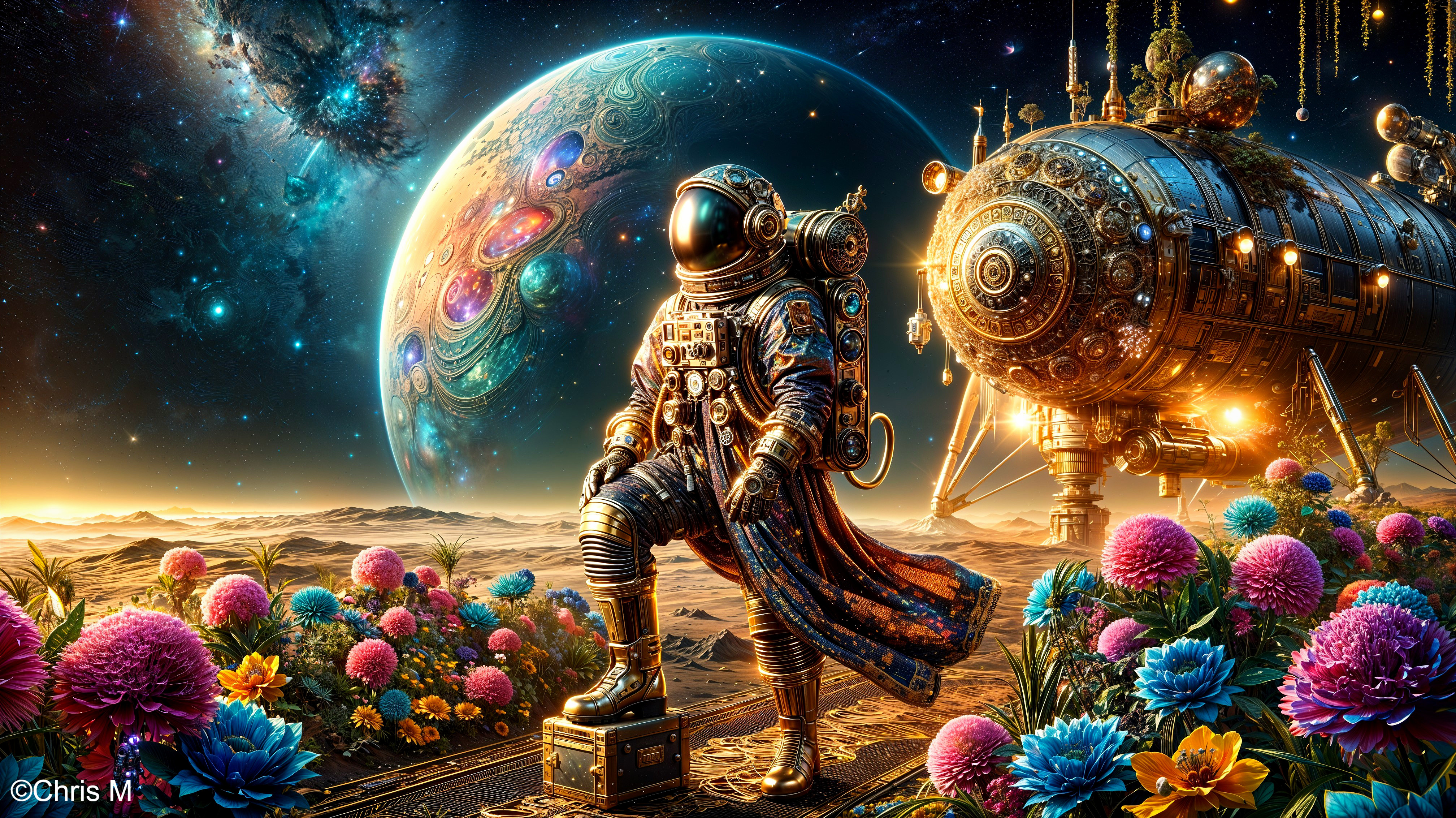 Astronaut on Rocky Terrain in Cosmic Landscape