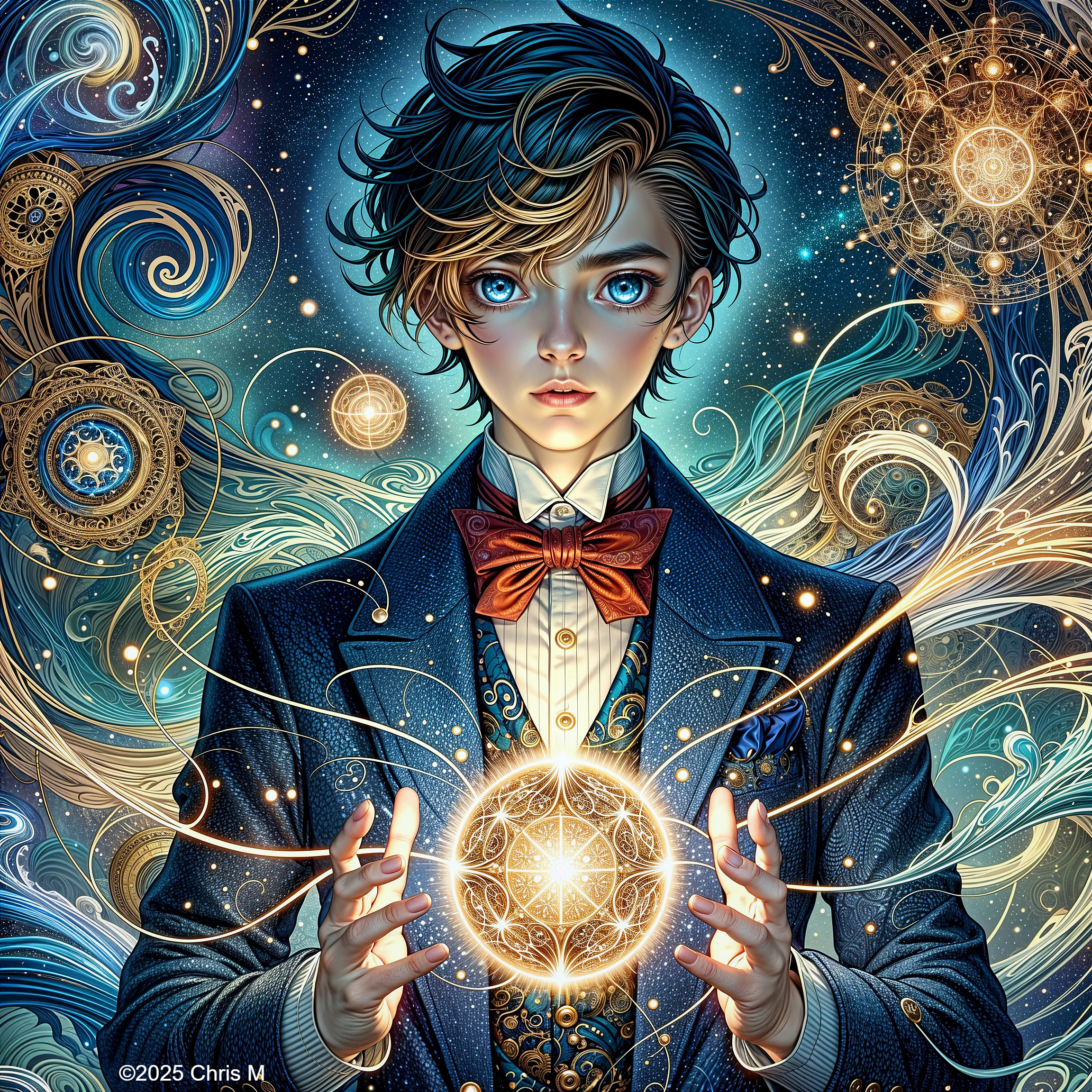 Young boy with blue eyes holding glowing orb in cosmos