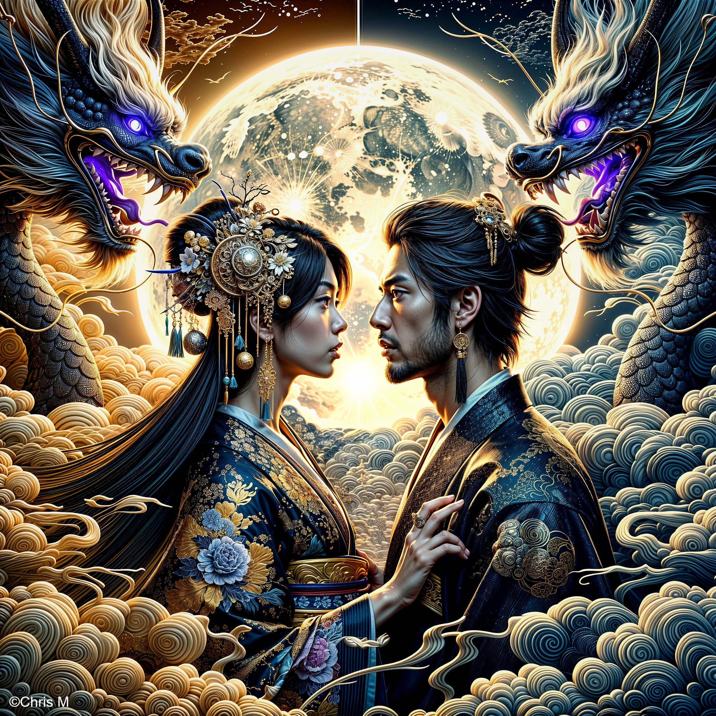 Couple Under Full Moon with Dragons and Kimono Details