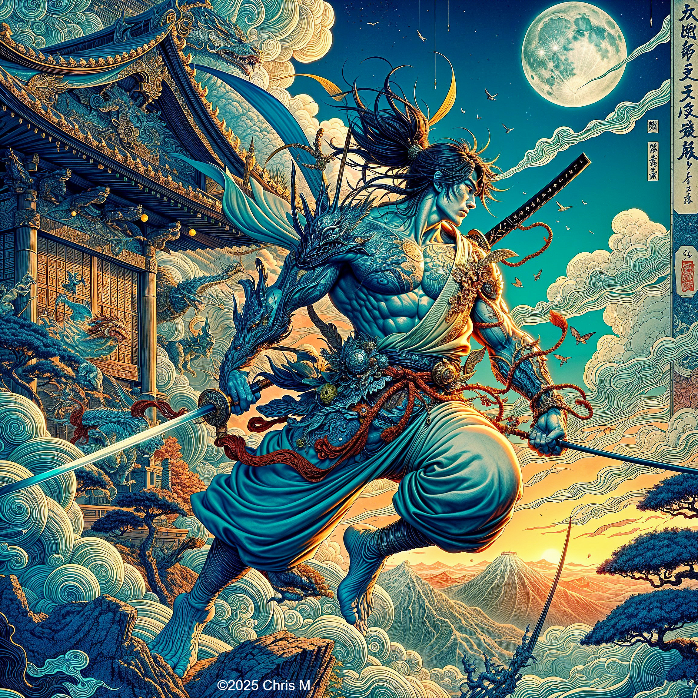 Fierce Warrior in Vibrant Landscape with Full Moon